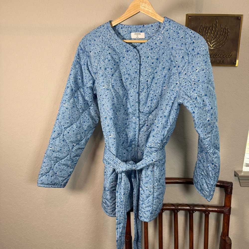 UNTUCKit For Her Womens Quilted Floral Belted Jacket Blue Medium Collarless - Picture 1 of 8